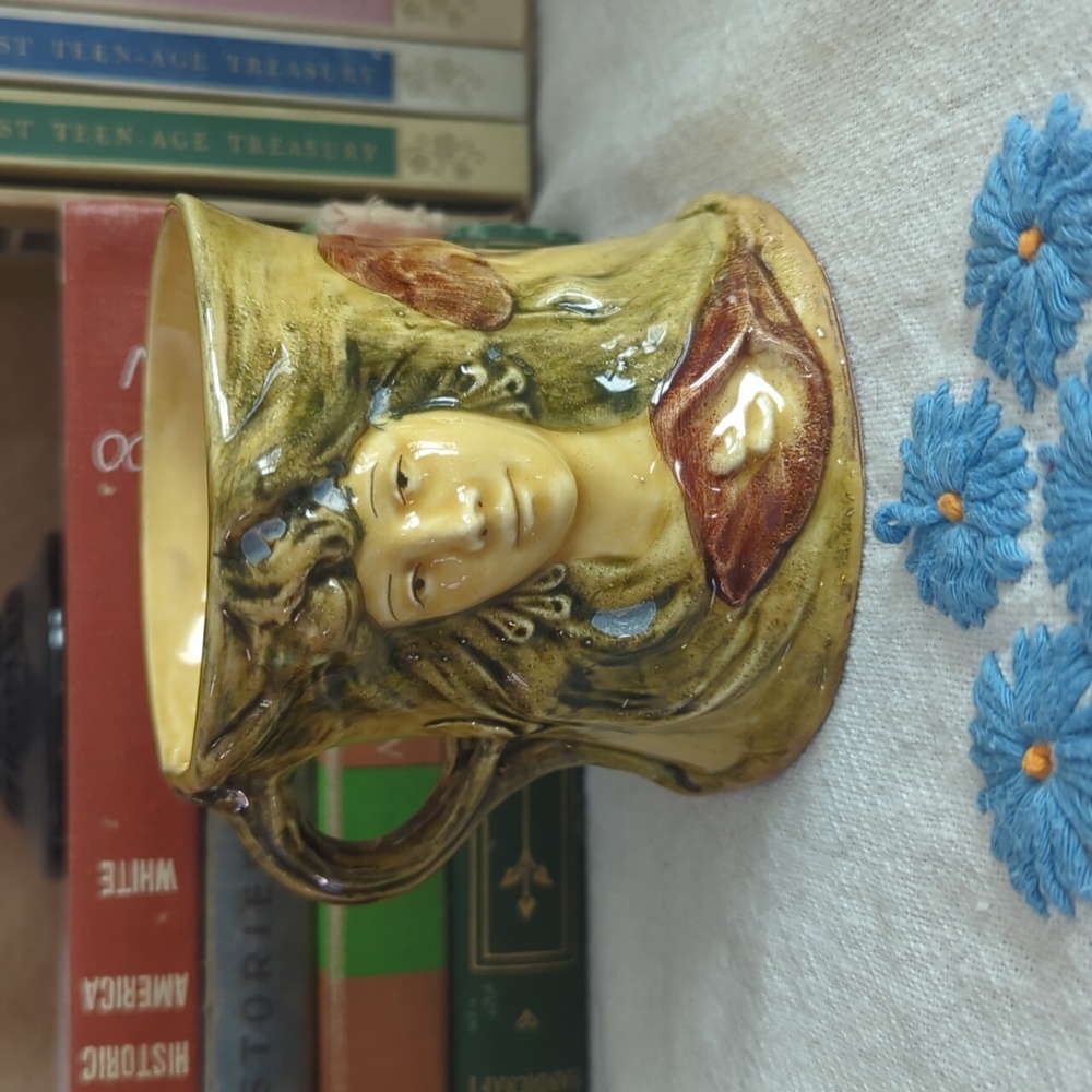 Art Nouveau Woman Yellow Ware Pottery Cup Mug